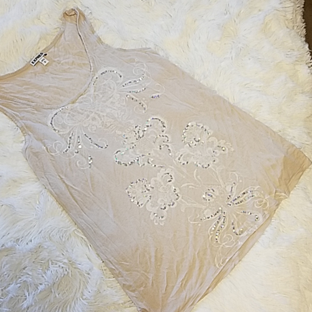 Express light tan cream embellished sequin tank